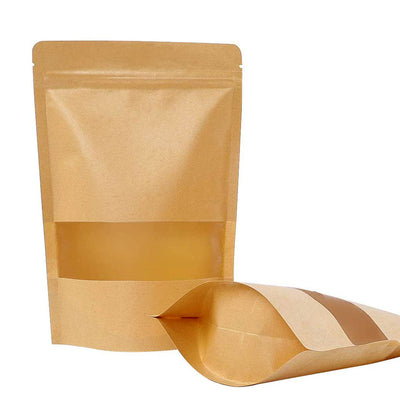 Pungi stand-up kraft cu fereastra si fermoar - maro - set 100buc