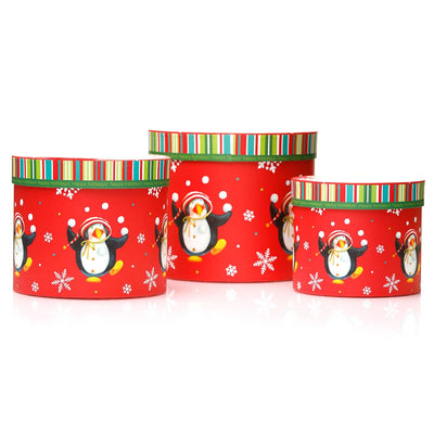 Cutii rotunde Craciun model pinguini - set 3buc