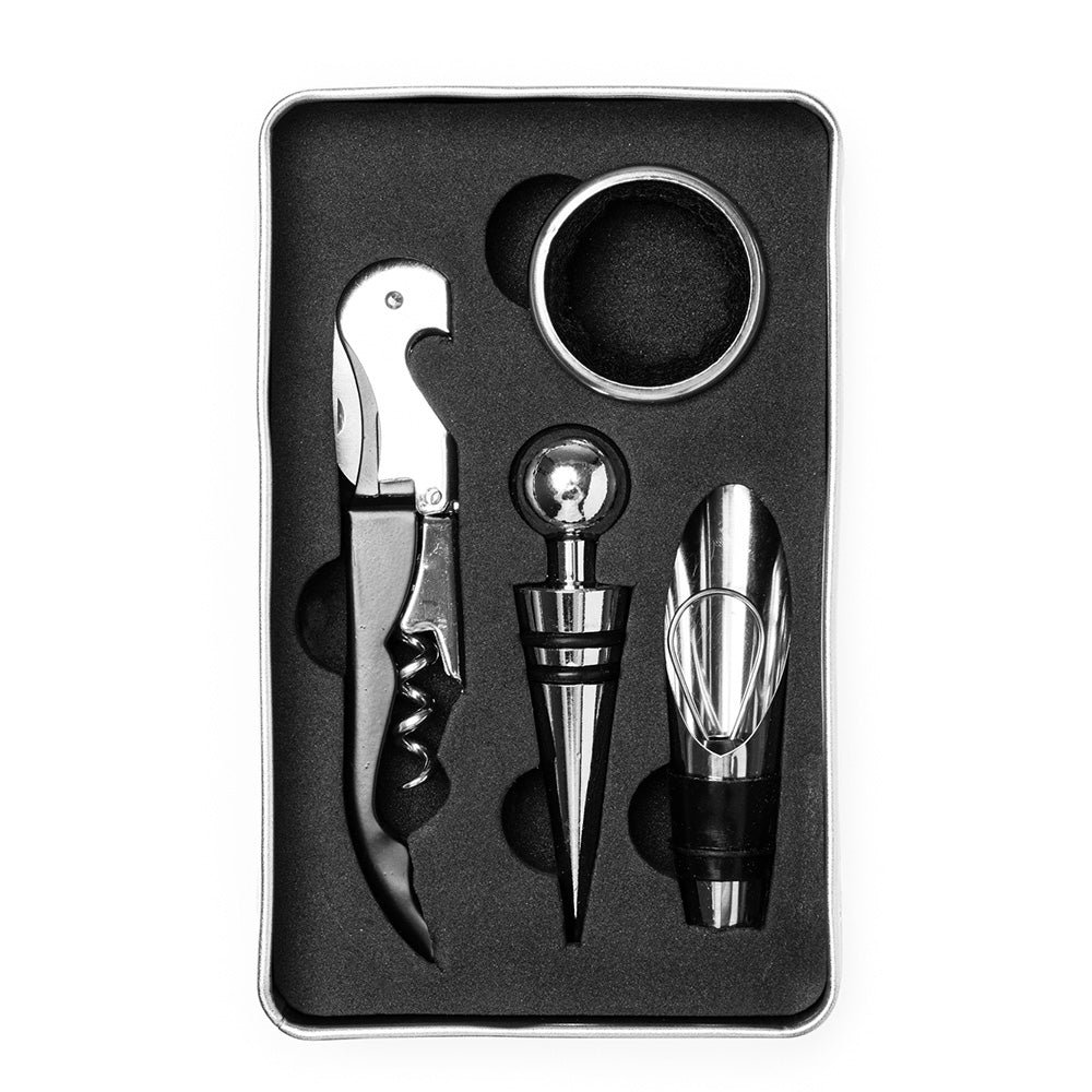 Set 4 accesorii vin in cutie metalica