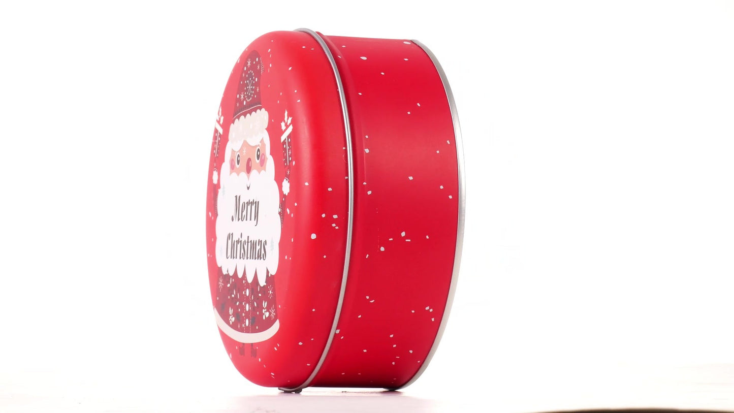 Cutie metalica rotunda rosie cu model Mos Craciun