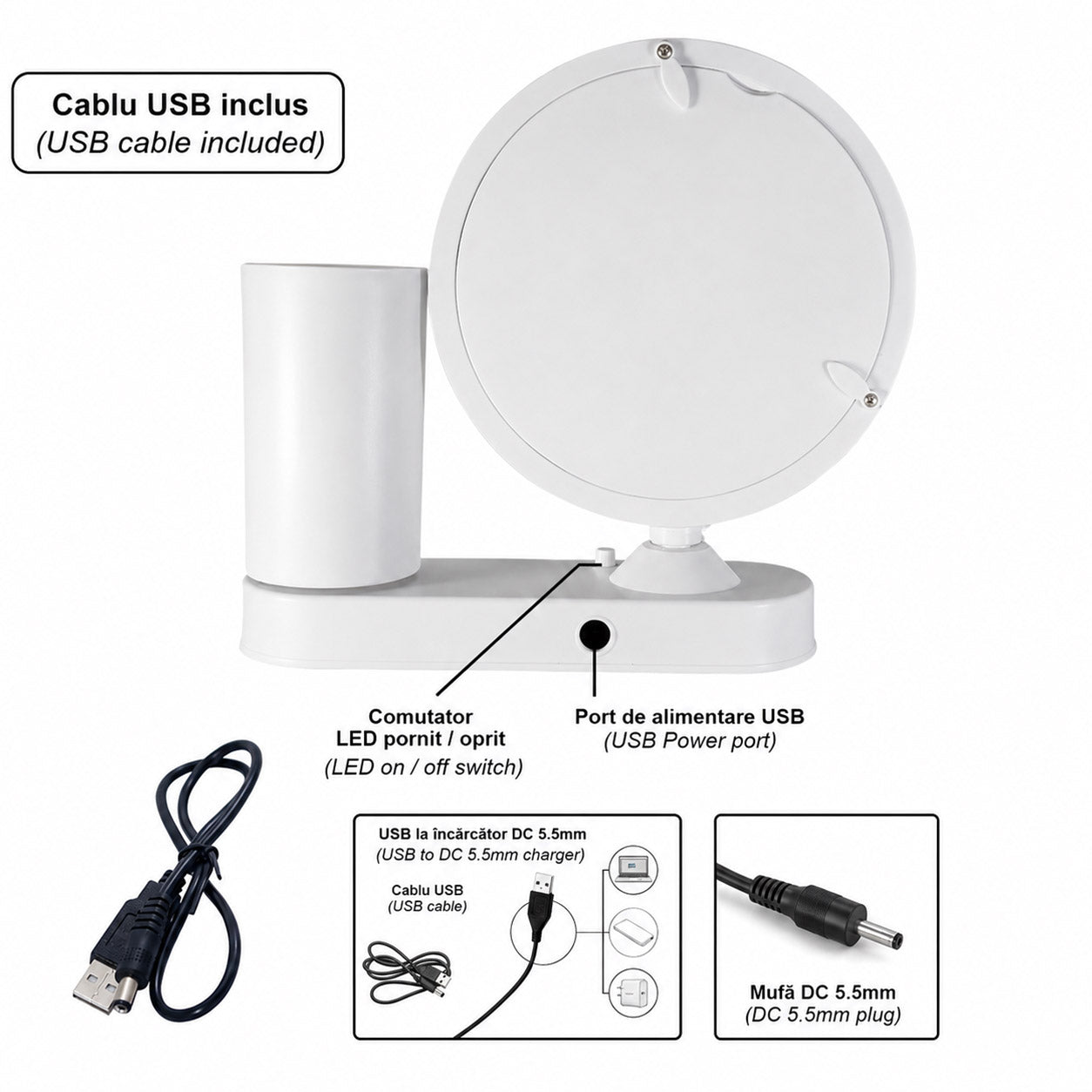 Oglinda magica cu insertie foto si lumina LED cu suport de pixuri - ROTUND MM101222 - Green Print