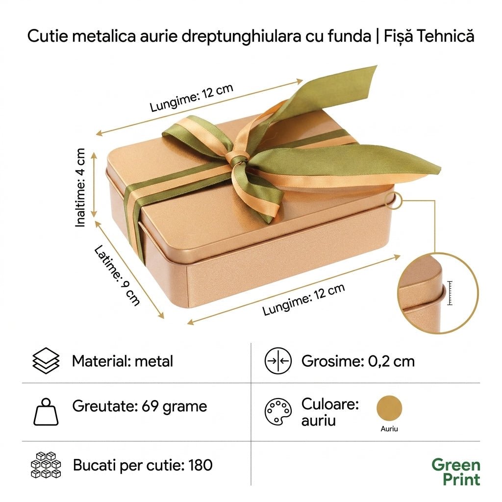 Cutie metalica aurie dreptunghiulara cu funda 12x9x4 BM654266 - Green Print