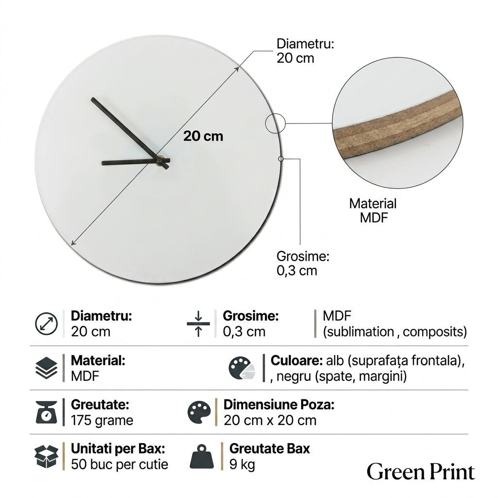 Ceas sublimare MDF 20 cm MDFC20 - Green Print